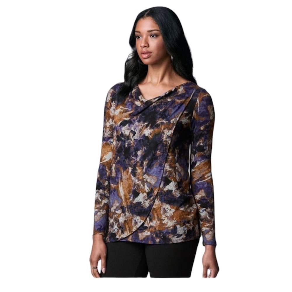Simply Vera Wang Womens Purple Floral Cowl neck Long Sleeve Knit Tunic Sz S New